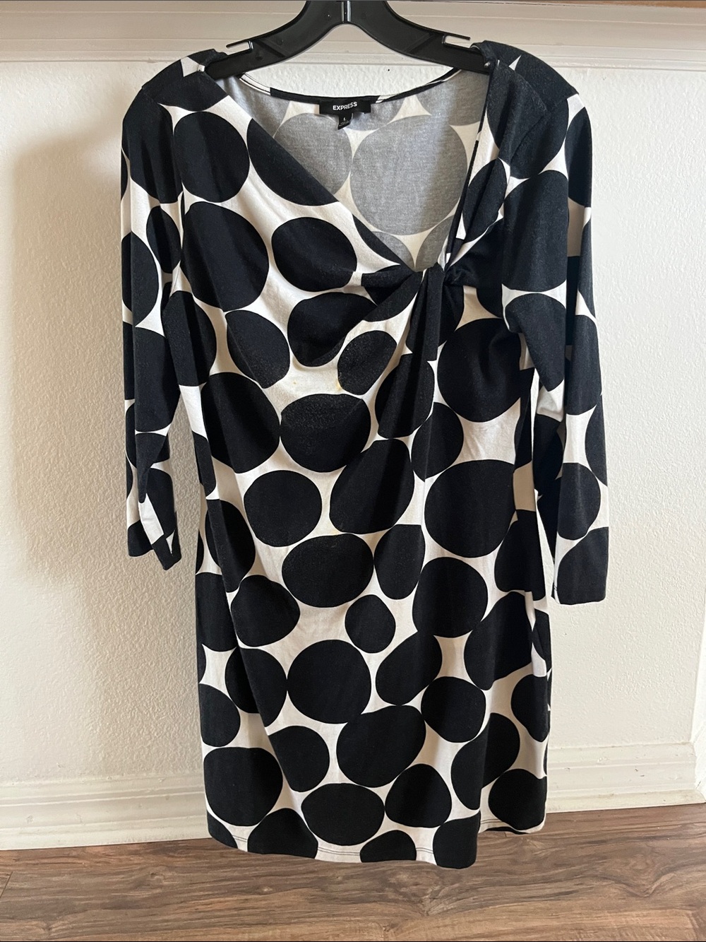 Express Black & White Polka Dot Tie-Accent Long Sleeve Dress